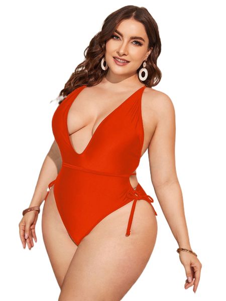 

plus lace up backless one piece swimsuit v4sa#, White;black
