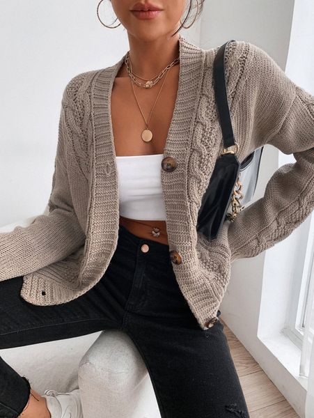 

cable knit drop shoulder button front cardigan r9p3#, White;black