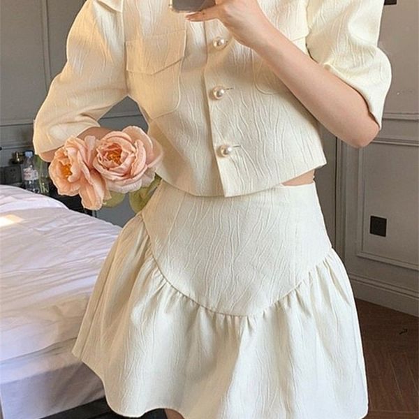 

summer ins sweet small fragrant t 2 piece set women puff sleeve crop coat mini skirts sets korean fashion skirt suits 220617, White
