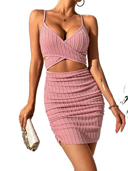 

cross wrap cut out textured cami dress 71se#, Black;gray