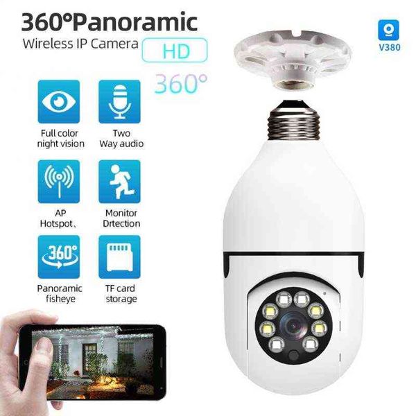 360° Wifi PTZ IP Panorama Camera Bulb 2MP Visão Noturna Panorâmica Áudio Home Security Vídeo Vigilância Lâmpada Fisheye Câmera Wifi AA220315