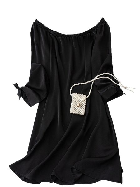 

plus solid off the shoulder tie cuff dress a7ai#, Black