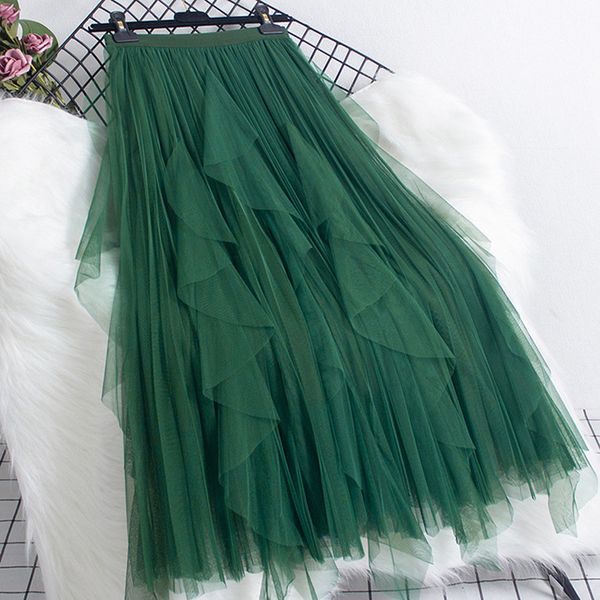 

tigena fashion ruffles tutu tulle skirt women korean casual solid a line high waist pleated midi long skirt female green pink 220527, Black