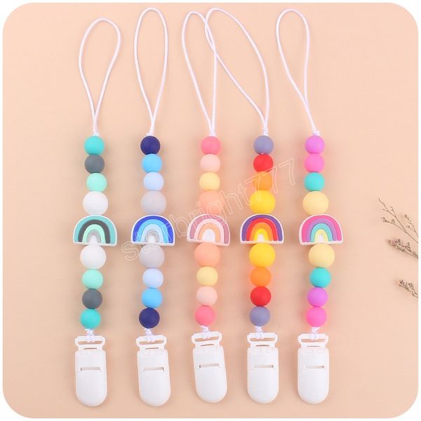 

baby pacifier holders chain clips creative cartoon rainbow silicone beads teething infant feeding appease toy newborn practice toys