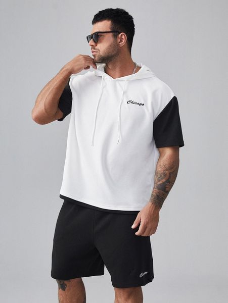 

extended sizes men letter embroidery drawstring hooded tee & shorts l5g6#, Gray