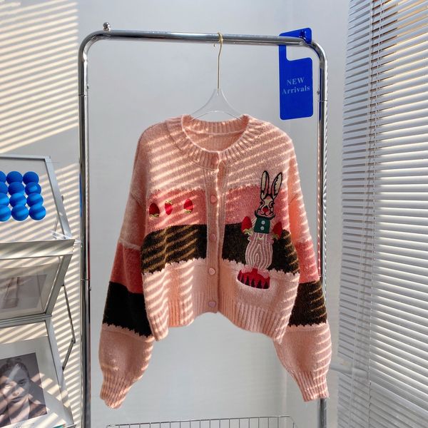 

women's knits & tees designer early spring embroidered bunny cute button cardigan long sleeved knitted slim fit jacket sweater 378r, White