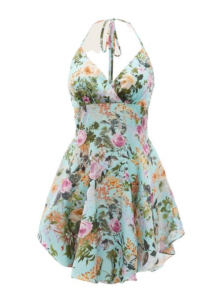 

floral print criss-cross tie backless satin halter dress x3oc#, Black;gray