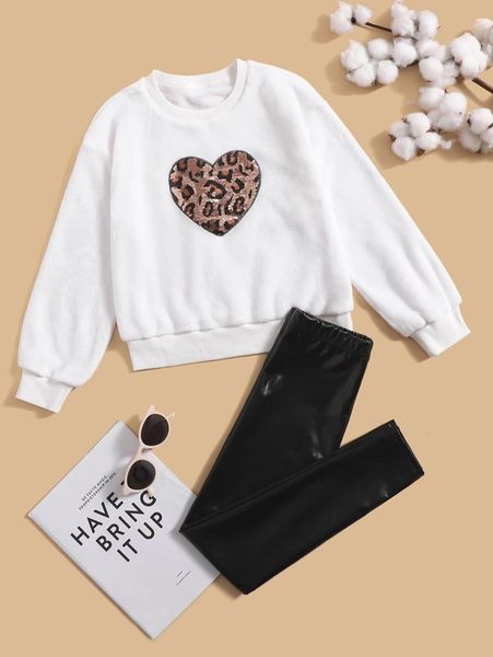 

girls sequin decor heart embroidery flannel sweatshirt & leggings she, White