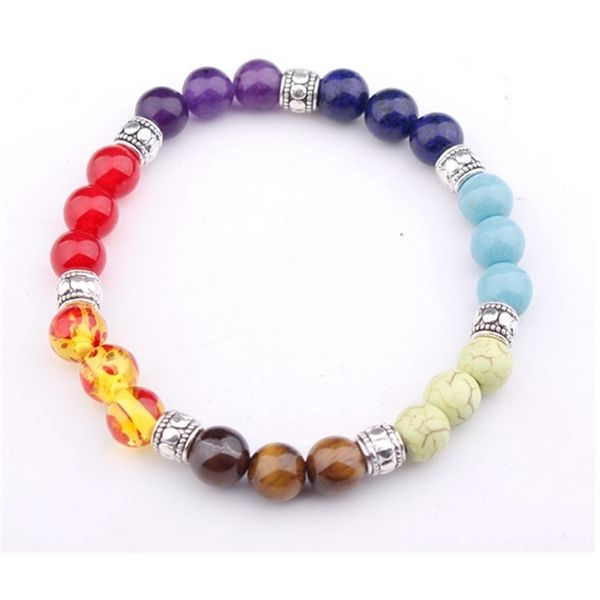 

8mm punk multicolor agate chakra healing reiki buddha yoga bracelet elastic adjustable volcanic stone bangles ccb3e 220716, Golden;silver