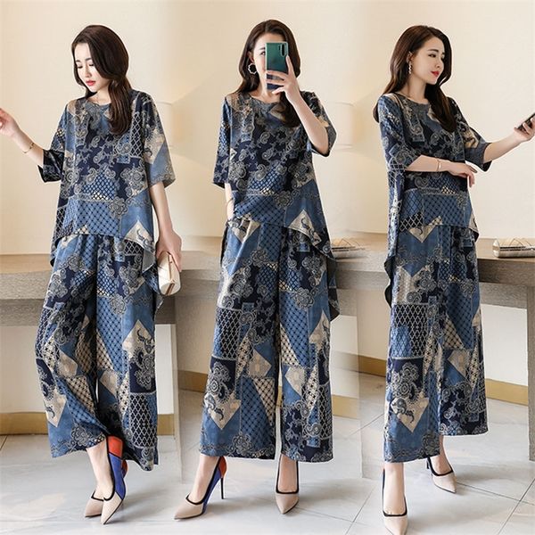 

product plus size women's jxmyy silk print suit retro style short-sleeved wide-leg pants two-piece comfortable fabric 210412, Gray