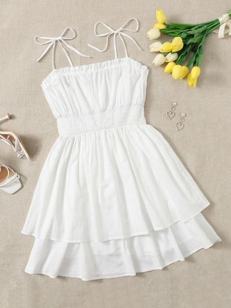 

knot shoulder shirred lettuce trim layered ruffle hem cami dress 28dm#, Black;gray