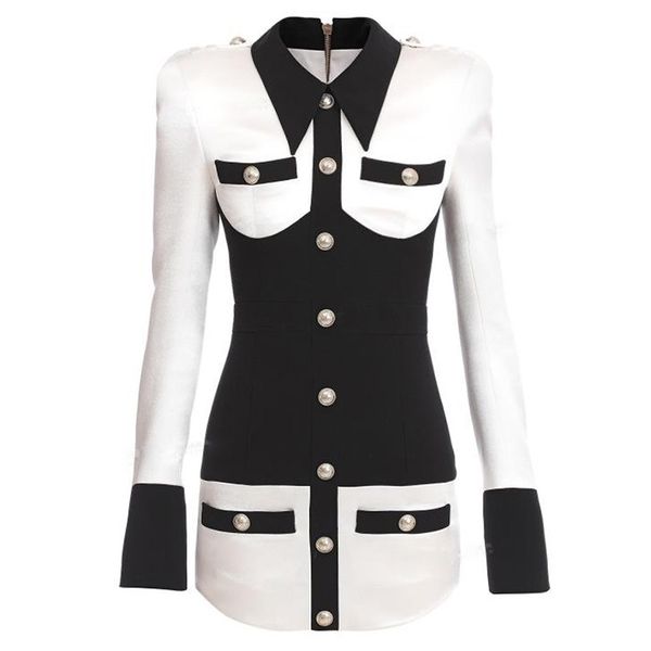 

high street est designer dress womens long sleeve color block patchwork shirt collar lion buttons dress y200805, Black;pink