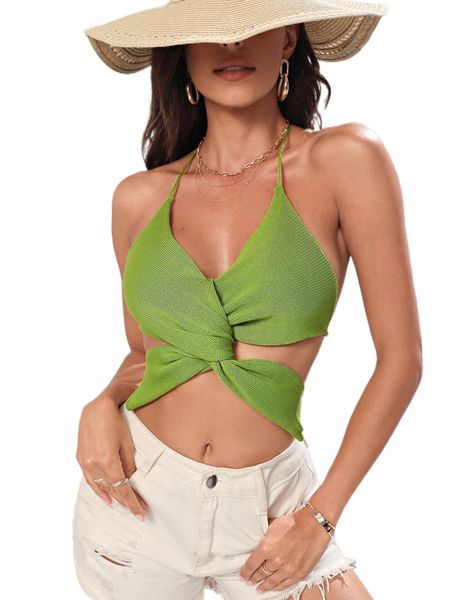 

twist front tie backless halter knit z9j6#, White;black