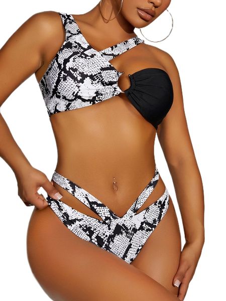 

snakeskin ring linked cut-out bikini swimsuit c3ji#, White;black