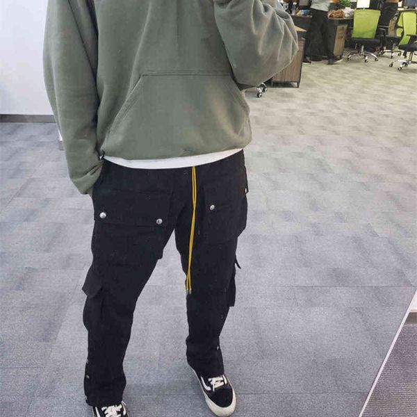 

men's fashion hoodie brand jogger joggers high street rhude multi pocket youth simple overalls casual button pants eight, Black