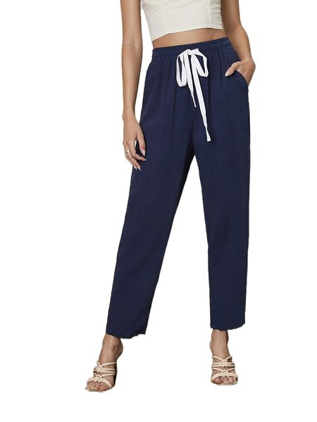 

drawstring waist slant pocket pants w11t#, Black;white