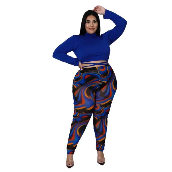 Tute da donna Taglie forti Due pezzi Completi Top e pantaloni Pantaloni stampati Completo manica intera Set abbinato Abbigliamento donna curvo 4XL