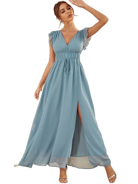 

butterfly sleeve tie waist split thigh dress c5hp#, Black;gray