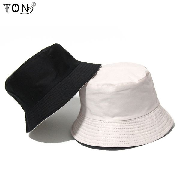Ton siyah katı kova şapkası iki tarafı aşınma unisex bob kapaklar hip hop gorros erkek kadınlar yaz panama şapkası plaj güneş balıkçılık boonie 220513