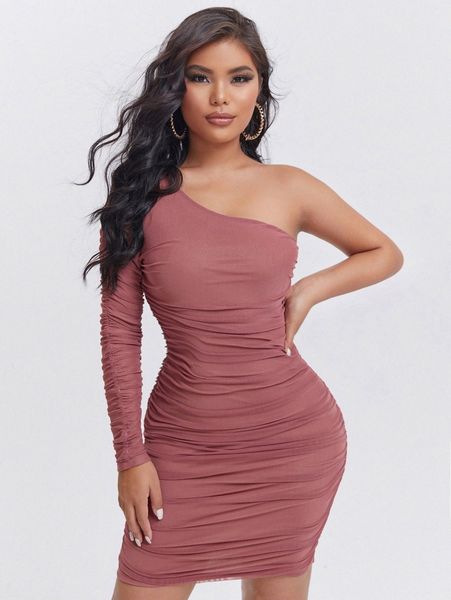 

club one shoulder mesh ruched bodycon dress n3xb#, Black;gray