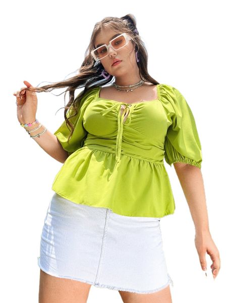 

plus shirred back tie front puff sleeve peplum blouse 23ka#, Black