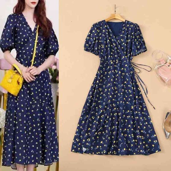 

casual dresses summer women's small flower print cross v-neck bubble sleeve french kikyo dress, Black;gray