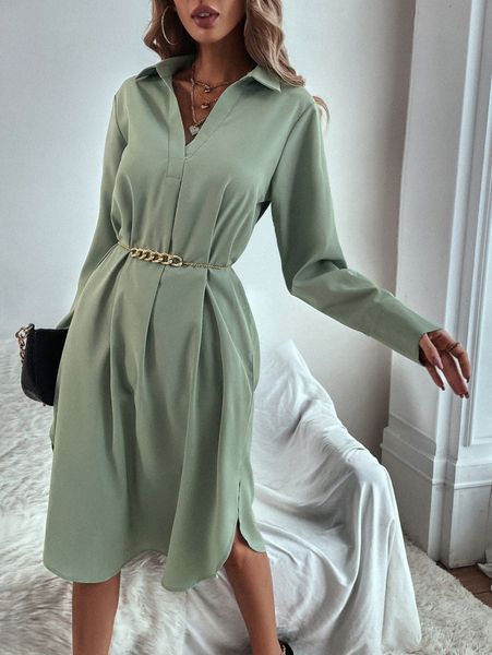 

solid collared curved hem dress without belt c9ds#, Black;gray