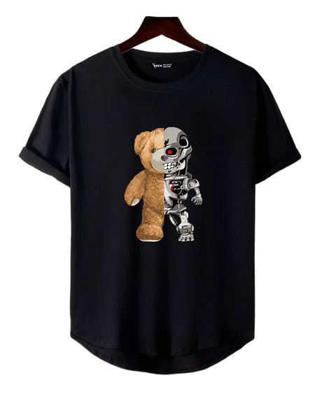 

men bear print high low hem tee p2ro#, White;black