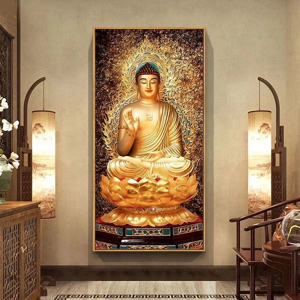 Goldene Buddha-Leinwandkunst, Religionsgemälde, moderne Poster und Drucke, Wandkunstbilder für Zuhause, Wohnzimmer, Dekor, Cuadros