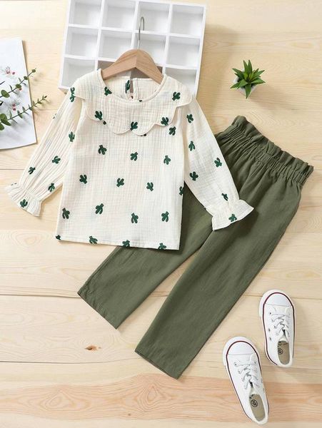 

toddler girls cactus print petal collar with paperbag pants she, White