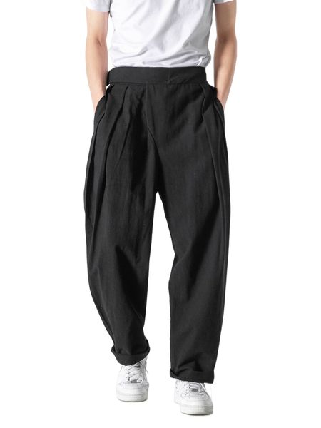 

men solid slant pocket plicated detail pants 70ao#, Black