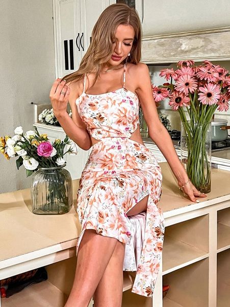 

allover floral print cut out split thigh cami dress q41h#, Black;gray