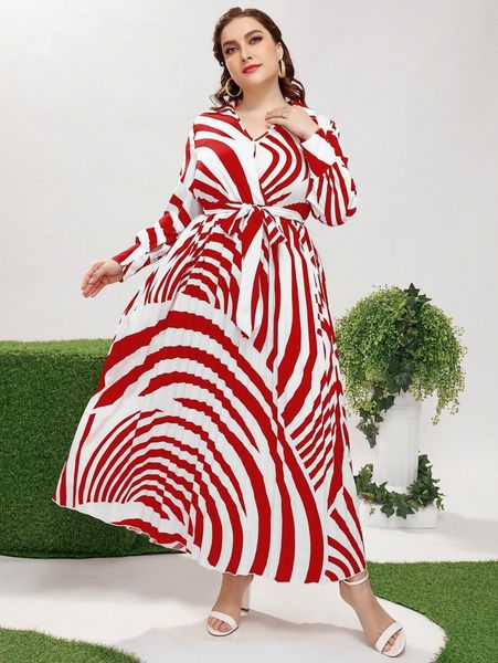 

plus allover print pleated hem belted dress 41kz#, Black