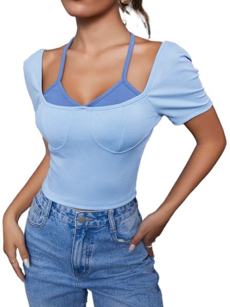 

criss cross back colorblock crop tee 438q#, White