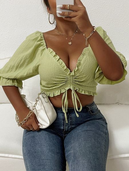 

plus frill trim drawstring front flounce sleeve crop blouse a8kj#, Black