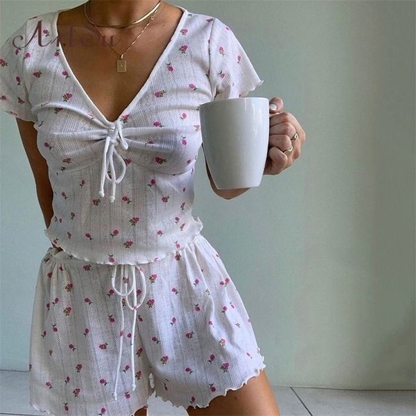 

artsu floral print 2 piece sets womens outfits vneck hollow out ruched bandage crop shorts sweet summer suit summer sets, White