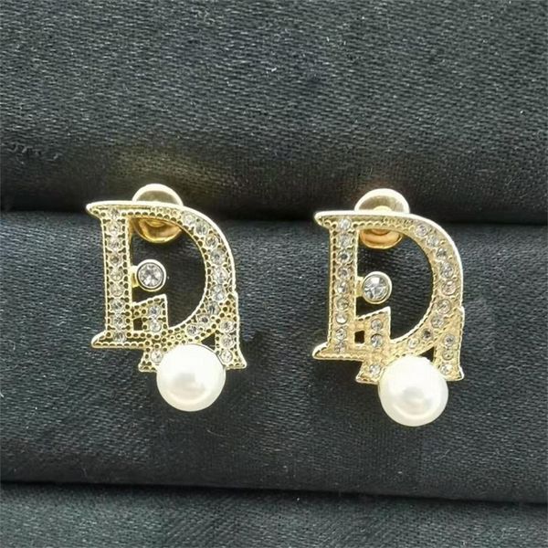 

ornament charm earring letter pearl diamond earrings temperament du 18k earrings 925 silver needle earrings women, Golden