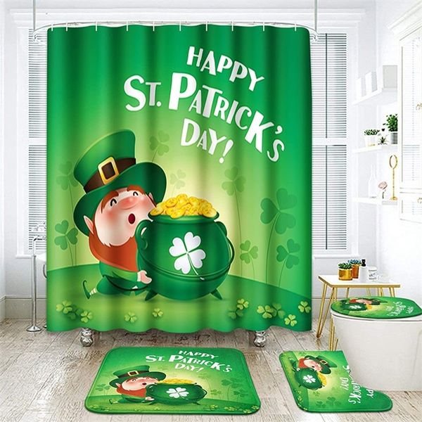 Kleeblatt-Duschvorhang, Cartoon-lustige Zwergen-Sets mit Teppichen, Happy St. Patrick's Day, LKW-Teppich, Polyester-Toilettenvorleger 220429
