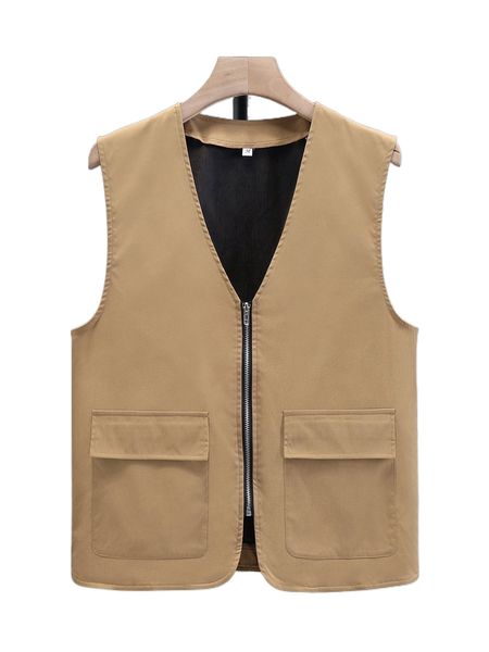 

men 1pc flap pocket zip up vest jacket p82o#, Black;brown