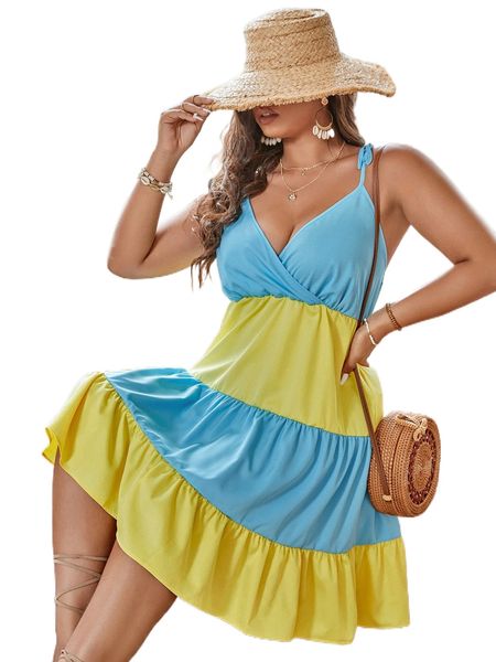 

plus colorblock ruffle hem tie shoulder cami dress n6mz#, Black