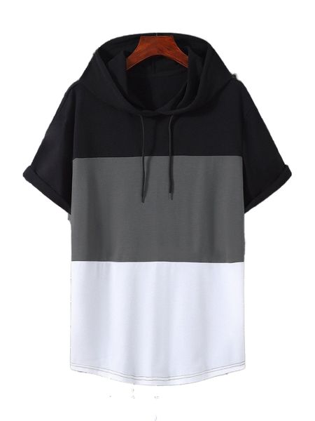 

men colorblock drawstring hooded tee 92y3#, White;black