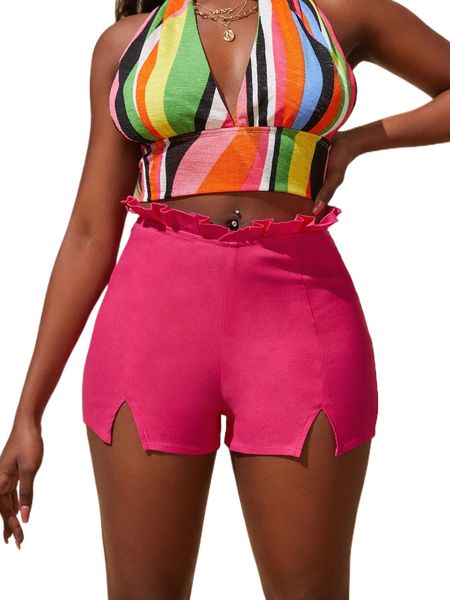 

sxy ruffle trim waist split hem shorts l0xh#, White;black