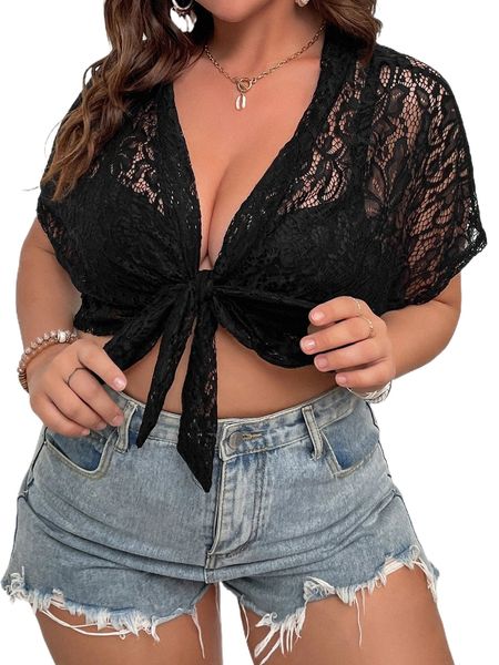 

plus batwing sleeve knot front crop lace without bra a1n3#, Black