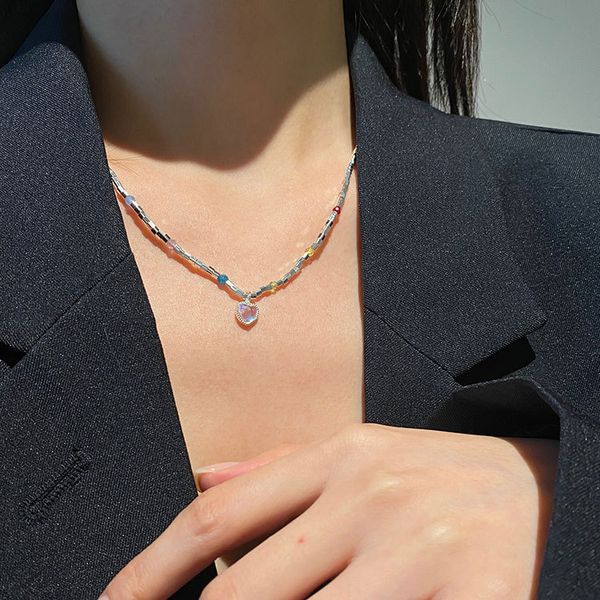 

not late s925 sterling silver necklace love moonlight stone sweater chain niche classic crystal bead chain