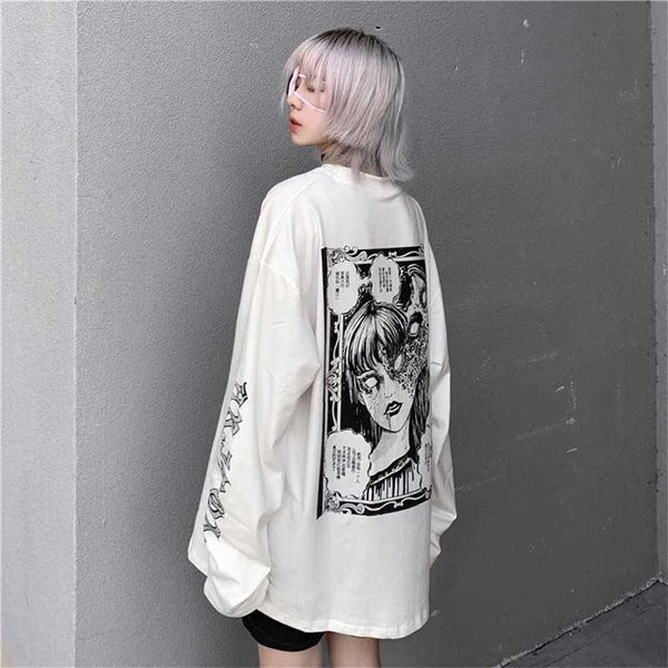 NICEMIX dos desenhos animados T-shirt gráfico de horror das mulheres impressão de personagem solto punk japonês camiseta pulôver topo da rua de Harajuku Tees 220321