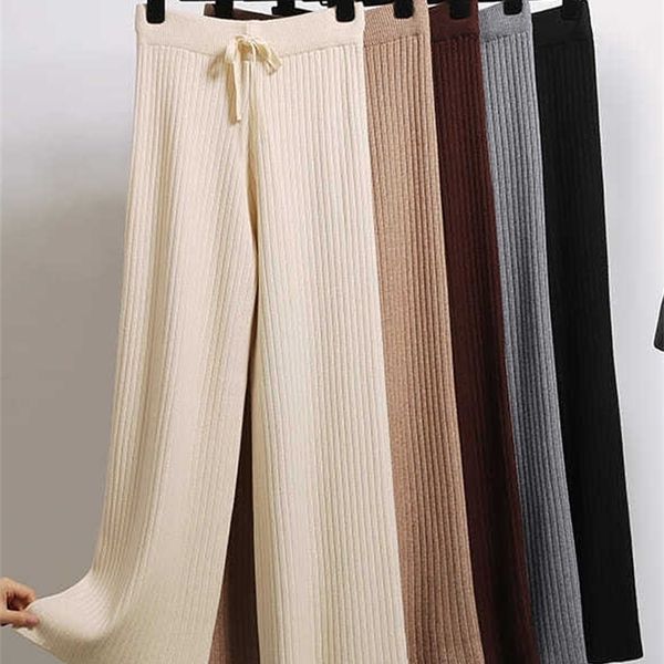 

vangull spring autumn knitted wide leg pant korean solid pit ankle-length elastic waist lace up sweatpants 220325, Black;white