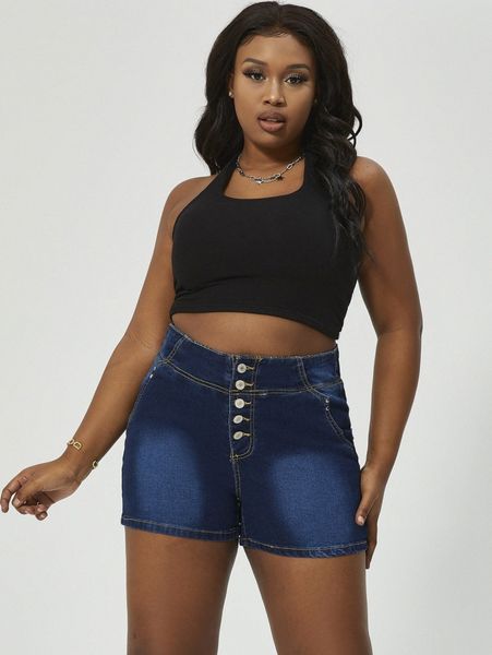 

plus high waisted button fly denim shorts 10ct#, White;black