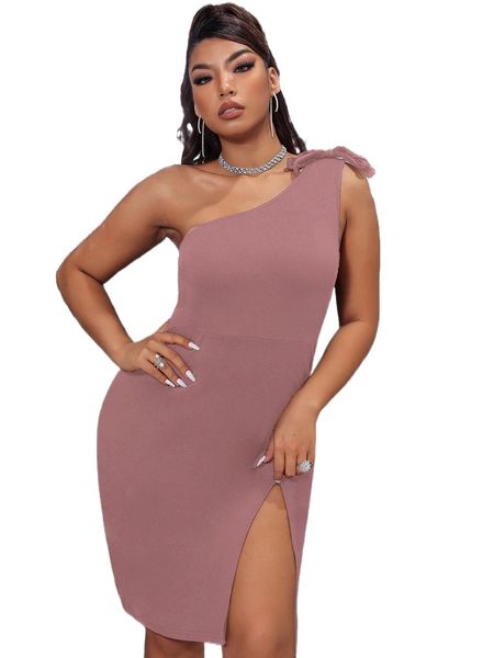 

plus one shoulder knot detail split thigh dress r18i#, Black