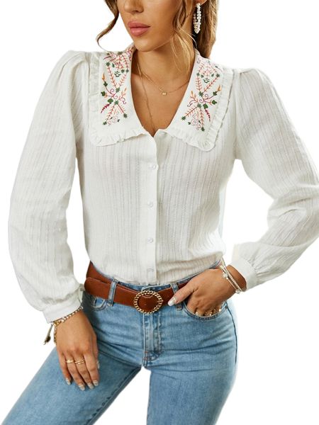 

simplee botanical print lantern sleeve blouse x7cd#, White