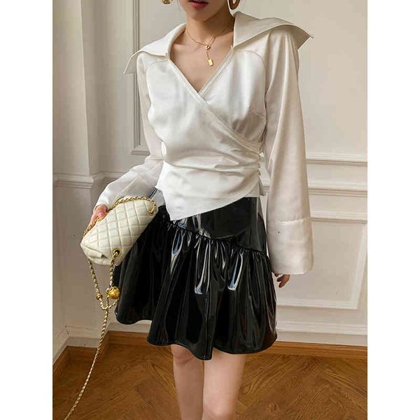 

women's polos 2022 women's spring v lapel satin personalized shirt romantic love solid color long sleeve slim aegc, White